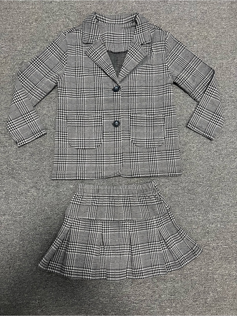 Girls Plaid Blazer and Skirt Set - Gray